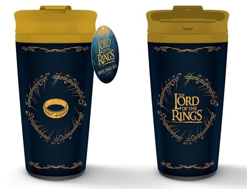 Offizielles Lizenzprodukt: Herr der Ringe Reisebecher mit Ring-Design, 450ml, isoliert, Schwarz.