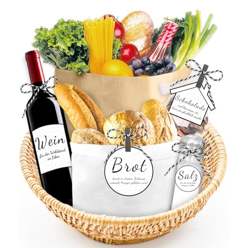 Einzigartiges Einweihungsgeschenk Set: Brot, Salz, Wein - Etiketten für Geschenkkorb