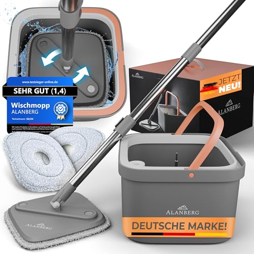 Effektiver ALANBERG® Wischmopp mit Eimer und Auswringsystem, für alle Bodenarten geeignet.