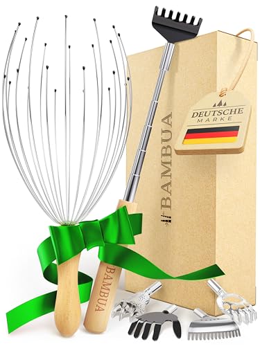 Entspannendes BAMBUA Kopfmassage Spinne & Rückenkratzer Set - Perfektes Geschenkset mit Schleifen