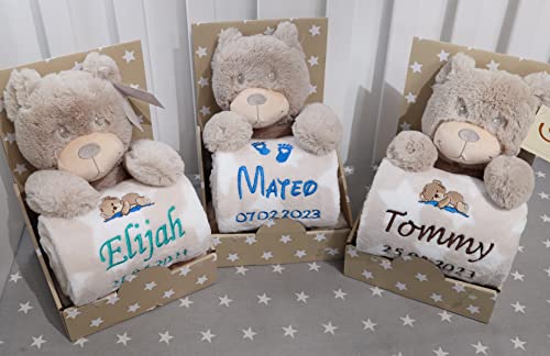 Personalisiertes Geschenk-Set für Neugeborene: Babydecke mit Namen und Plüschtier