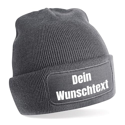 Personalisierte Beanie Strickmütze mit Wunschtext | Grau | Weiche Wintermütze für Erwachsene
