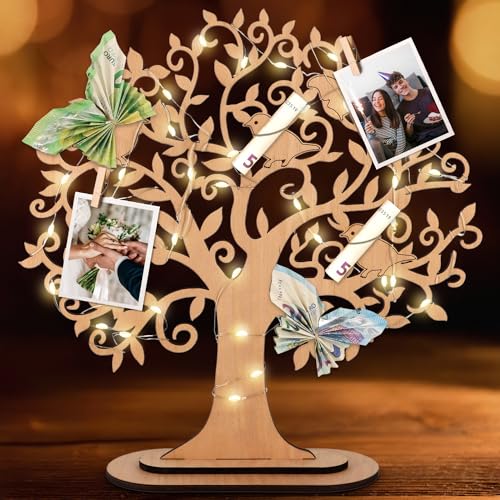 LED Geldbaum aus Holz - Ideales Geschenk für Geburtstage, Hochzeiten und Jugendweihen