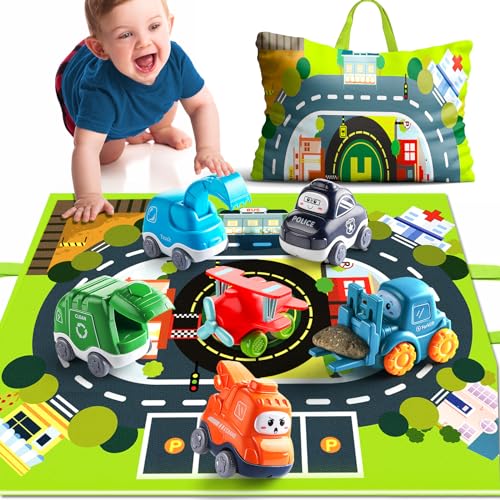 Bunte Cartoon Lastwagen Spielzeug Set mit Kräne und Aufbewahrungstasche für Babys