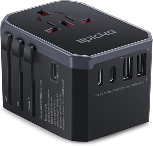 EPICKA Reiseadapter Weltweit: Universalstecker mit 5 USB-Anschlüssen, ideal für Globetrotter!