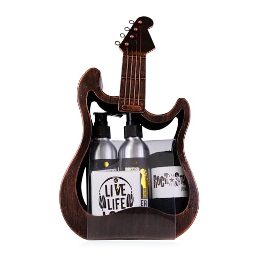 Ausgefallenes Geschenkset in Metall-Gitarrenverpackung für besondere Anlässe - Duschgel, Bodylotion, Seife und Handtuch inklusive