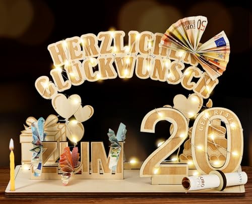 Hochwertiges Geschenk: Holz Geldgeschenkbox mit LED Licht für 20. Geburtstag