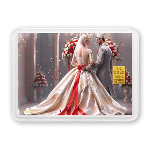 Eleganter Goldbarren in Motivbox für islamische Hochzeit + Zertifikat