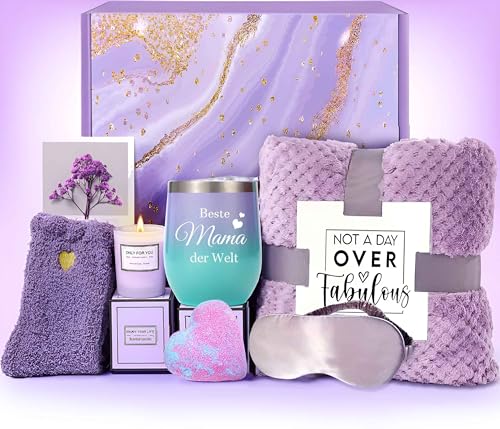 Überrasche Mama mit luxuriösem Kuscheldeck Geschenkset & Edelstahl Weinbecher