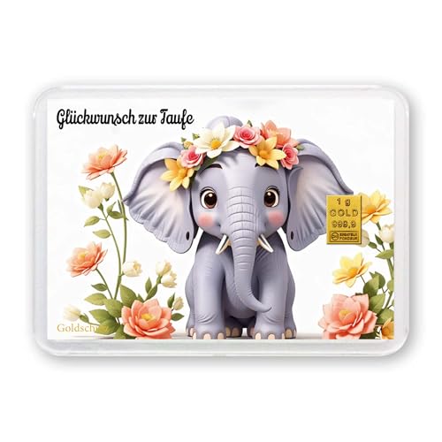 Einzigartiger 1g Goldbarren in Motivbox zur Taufe mit Elefant - inkl. Echtheitszertifikat