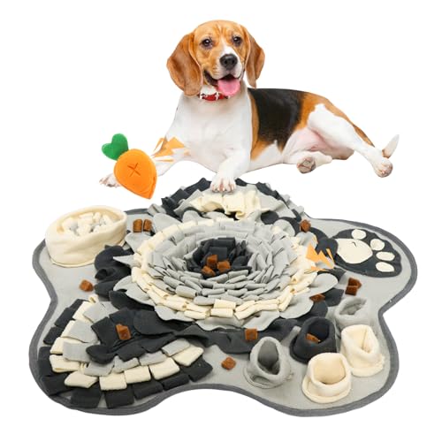 Entdecke den Blüten-Schnüffelteppich für Hunde und Katzen: Waschbare Trainingsmatte mit Karottenspielzeug.