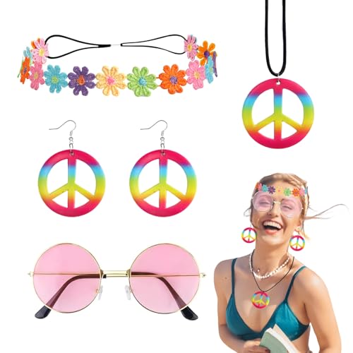 Unvergessliche Hippie-Outfit für Damen: Sonnenbrille, Haarschmuck, Kette & Ohrringe für Retro-Partys