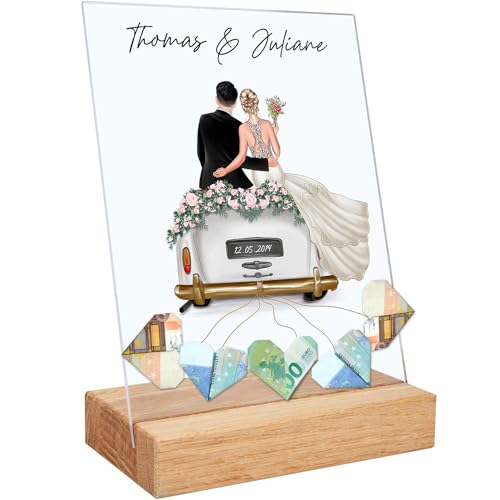 Personalisiertes Geldgeschenk Hochzeit: Acrylglas mit Hochzeitsauto und Gravur