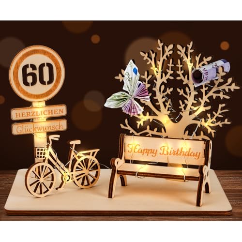 Originelles Geschenk für Mama: DIY Holzgeldgeschenk mit Fahrrad und dreidimensionalen Bäumen.