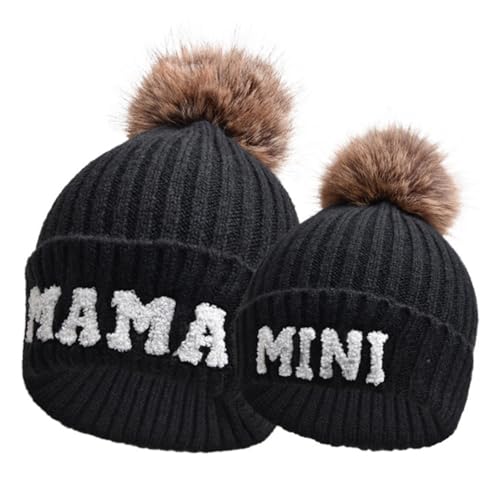 Stylische 2er Set Eltern-Kind Beanie Mützen mit Stickerei, Winter Warm Cap, Schwarz