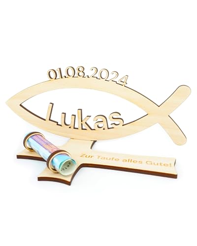 Personalisiertes Holzgeschenk: Gravuleo Tauf-Fisch mit Namen - Ideal zur Geburt, Kommunion, Konfirmation