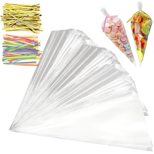 100 Stück Tigvio Spitztüten mit Twist Ties für Süßigkeiten und Snacks