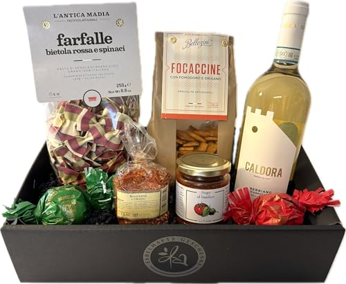 Italienischer Genuss: Geschenkkorb mit Wein, Pasta, Gewürzen und Amaretti | Perfekt für romantische Abende | Ideales Weingeschenkset für alle