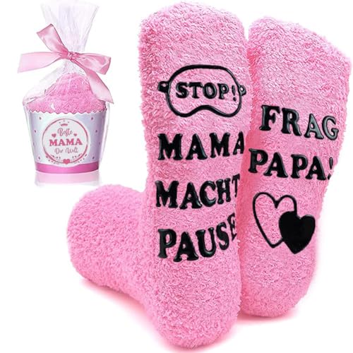 Originelle Geschenkidee: Lustige Kuschelsocken für Frauen zum Muttertag! Mama macht Pause mit witzigem Spruch - perfekt für Geburtstag und Weihnachten