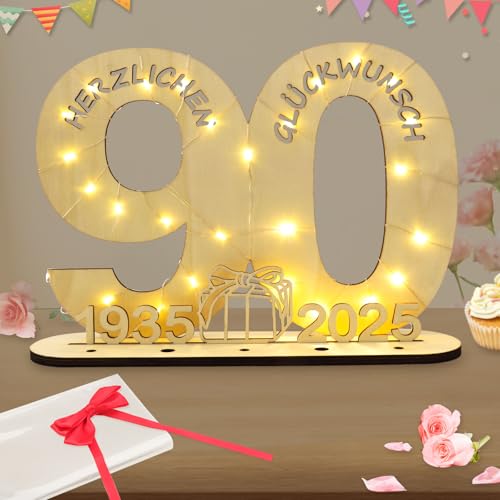 Originelles Holzschild mit LED Lichterkette für 90. Geburtstag, perfektes Geschenk für Jubilare