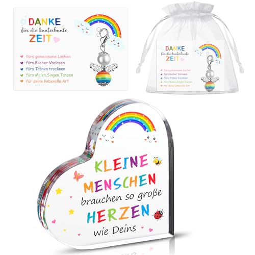 Dankeschön Geschenkset für Erzieherin & Lehrerin - Herz Dekoschild, Perlenengel, Dankeskarte