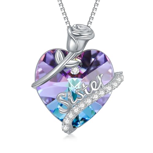 Zauberhafte violette Kristall-Halskette mit Herzanhänger aus 925er Silber für Schwester