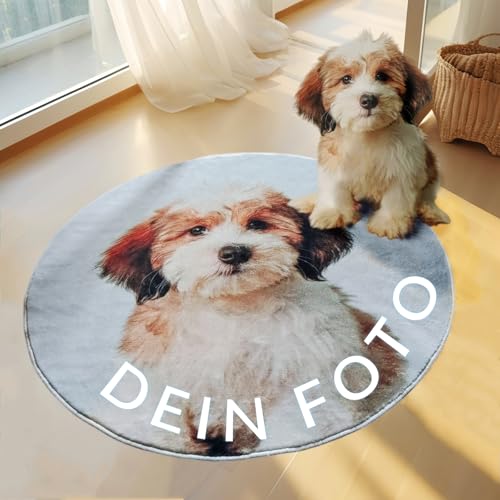 Personalisierte Geschenkidee: Flauschiger, waschbarer Rundteppich mit individuellem Foto - rutschfest und weich.
