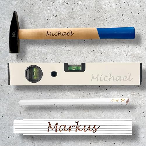 Personalisiertes Geschenkset für Männer: Hammer, Zollstock, Wasserwaage mit Gravur