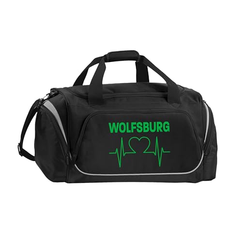 Sporttasche "Wolfsburg Herzschlag" mit grünem Druck, ideal als Geschenk, Größe one size.
