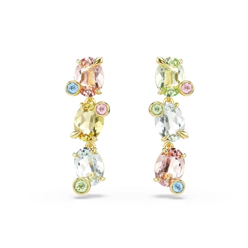 Elegante Swarovski Gema Drop-Ohrhänger: Asymmetrisches Design, verschiedene Schliffe, Mehrfarbig, vergoldet.