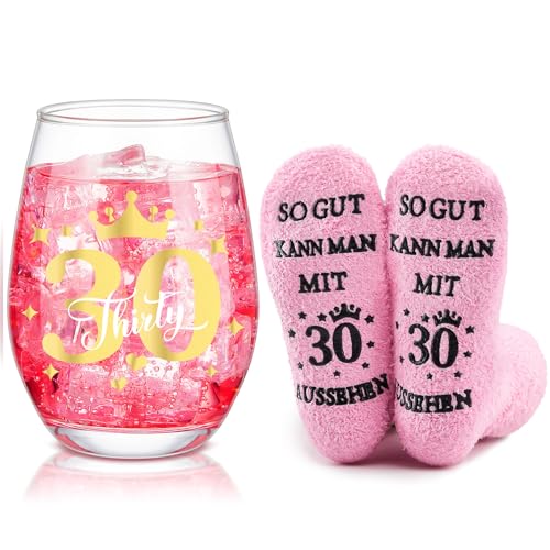Überraschende Geschenkideen für Frauen zum 30. Geburtstag: Personalisiertes Weinglas und lustige Socken