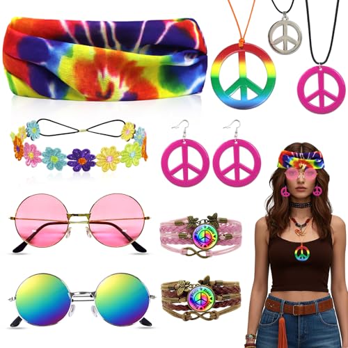 Retro Hippie Accessoires Set für Damen und Herren, 60er 70er Jahre Style