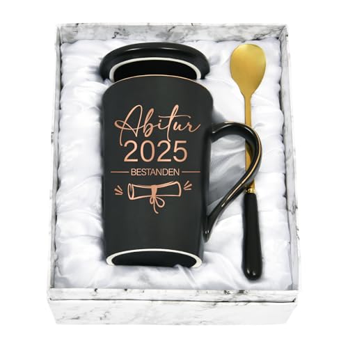 Abitur 2025 Geschenke: Marmorbecher mit Deckel, Löffel und Geschenkbox, perfektes Schulabschluss-Geschenk