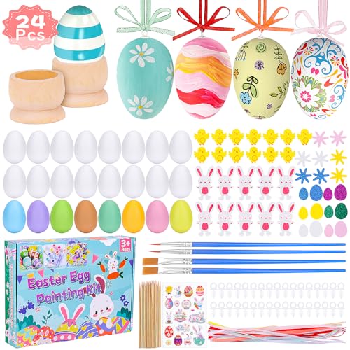 Bunte DIY Ostereier Deko Set: 24 Plastik-Eier zum Aufhängen, Aufkleber, 2 Eierhalter