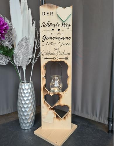 Einzigartiger Holzaufsteller für Goldene Hochzeit mit Windlicht - Gemeinsamer Weg.