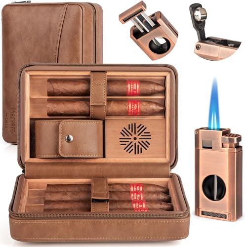 Exklusives Marvero Leder Zigarrenhumidor Reise Set - Befeuchter, Zigarrenanzünder & Cutter