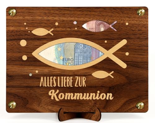 Holz-Geldgeschenk zur Kommunion für Mädchen und Jungen mit Deko und Glückwunschkarte