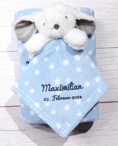 Personalisiertes Baby-Geschenkset: Babydecke und Schmusetuch mit Namen und Datum bestickt, perfekt zur Geburt oder Taufe (Blau)