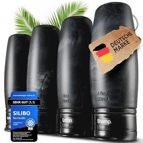 Praktisches Reise-Set: SILIBO Reiseflaschen (4x100ml) mit Reisetasche, auslaufsicher und BPA-frei