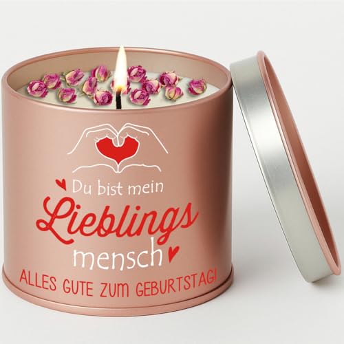 Romantisches Geburtstagsgeschenk für Frauen: Duftkerze in Metall mit Trockenblumen