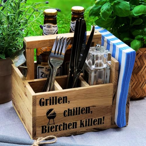 Hochwertiges Grillzubehör in handgefertigter Aufbewahrungsbox aus Akazienholz - Perfektes Männergeschenk