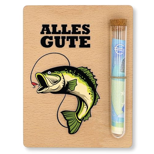 Originelle Geldgeschenk-Verpackung für Angler mit Reagenzglas - Hochwertiges Holz - 13x10 cm