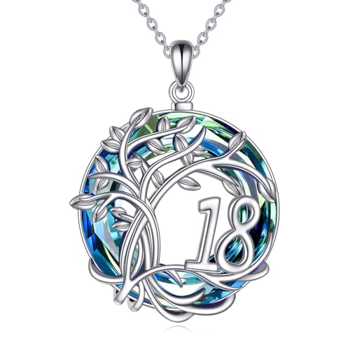 Edle Lebensbaum Halskette mit Blauem Kristall - Perfektes Geschenk zum 18. Geburtstag