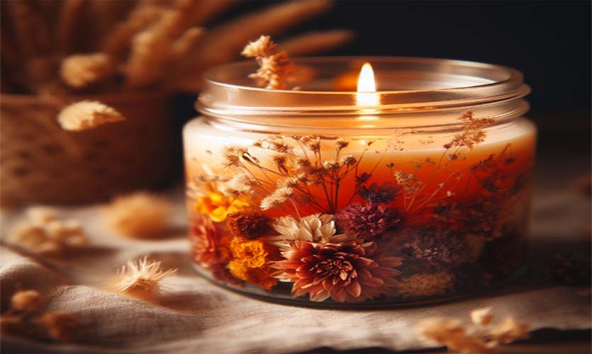 Kerze mit Trockenblumen im Glas