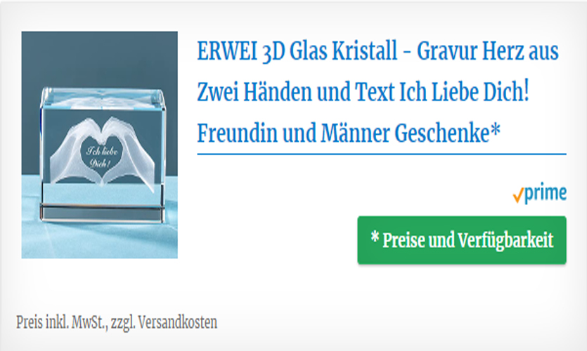 3D Glas Kristall - mit Gravur Ich Liebe Dich und Herz 