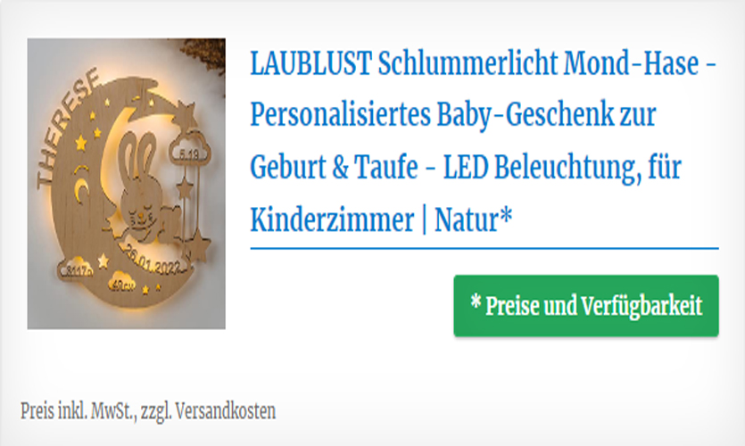 Personalisiertes Baby-Geschenk - Schlummerlicht Mond-Hase -  zur Geburt & Taufe